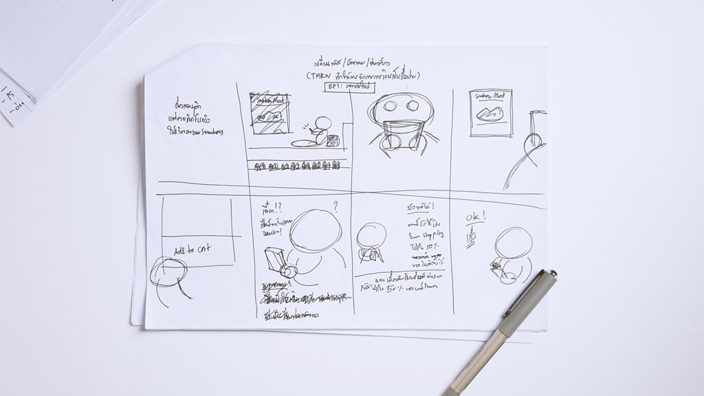 ตัวอย่างสตอรี่บอร์ด (Storyboard) IAMSNKRS x TMRW EP.1 รองเท้าใหม่