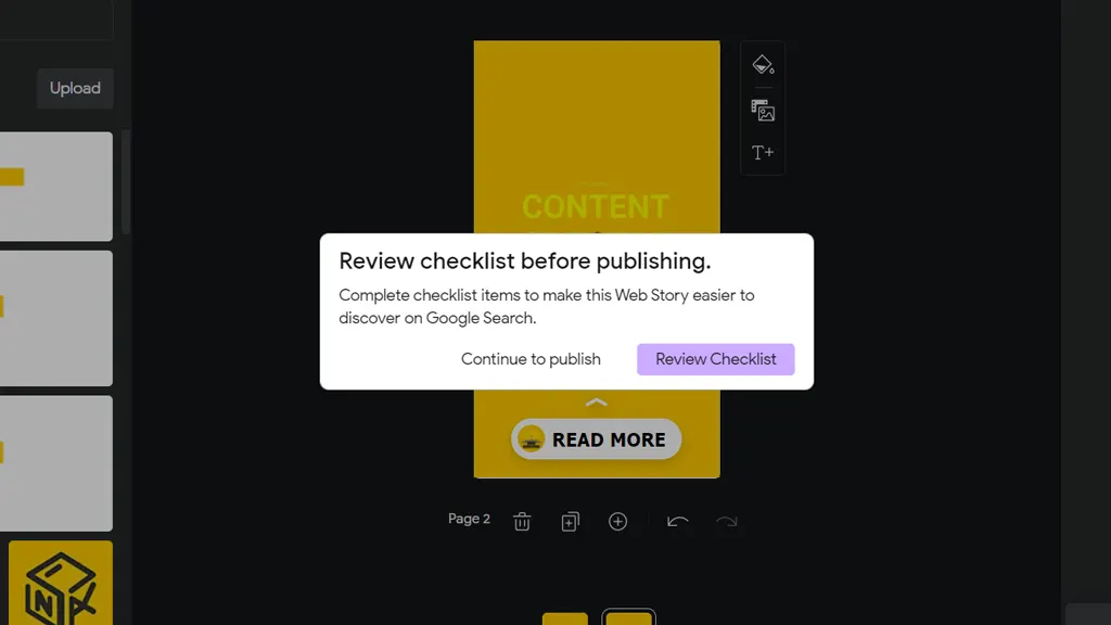 How to ทำ Google Web Stories ให้เหมือนมี IG Story ในเว็บไซต์ (Content Creator ควรลอง) การแจ้งเตือนเพื่อสอบถามความแน่ใจในการเผยแพร่ Google Web Stories โดยเราสามารถเช็คอีกครั้งได้โดยการกดปุ่ม Review Checklist