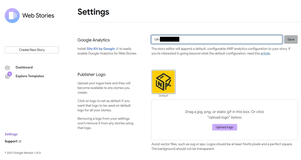 ตัวอย่างการใส่ Tracking ID ของ Google Analytics เชื่อมกับปลั๊กอิน Google Web Stories