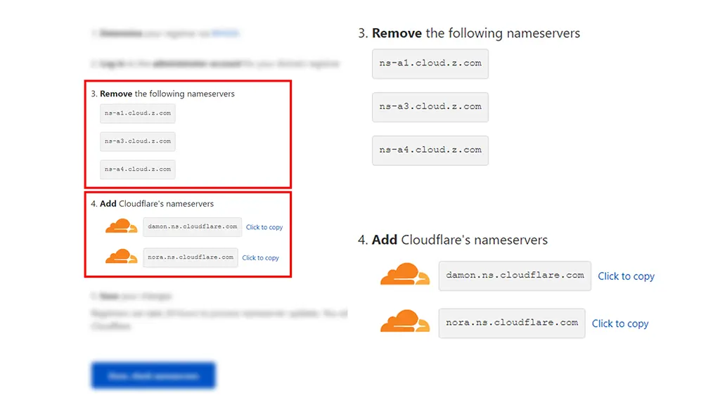 เนมเซอร์เวอร์ (nameservers) ที่เราต้องลบและเพิ่ม เพื่อย้ายมาจัดการด้วย Cloudflare