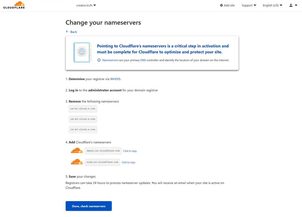 หน้าจอคำแนะนำเปลี่ยนเนมเซอร์เวอร์ (Change your nameservers) มาที่ Cloudflare