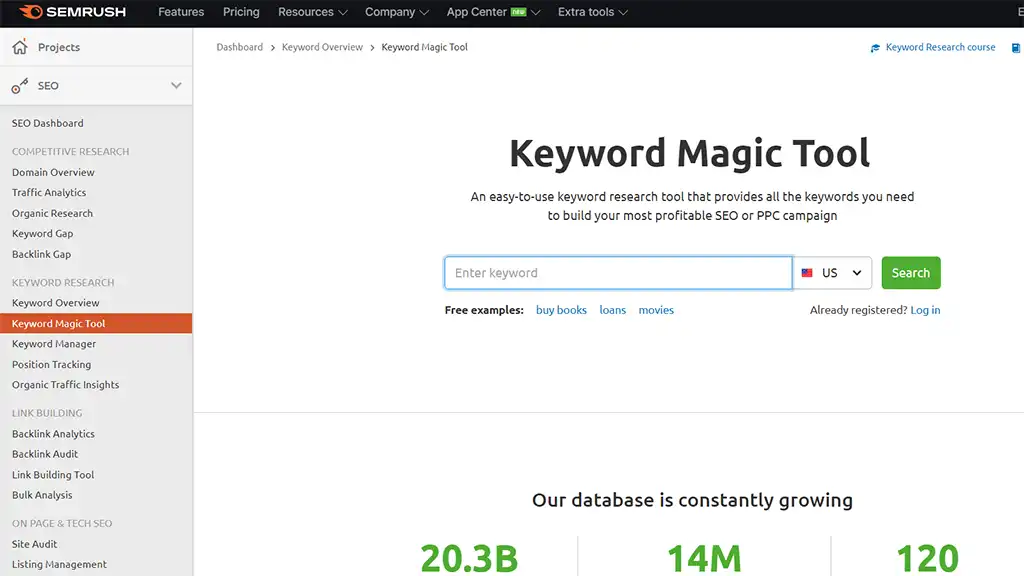 ตัวอย่างเครื่องมือ Keyword Magic Tool https://www.semrush.com/analytics/keywordmagic