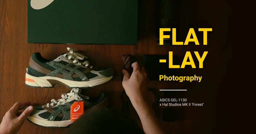 Sneakers Flat lay photography | ASICS GEL-1130 Hal Studios MK II Forest