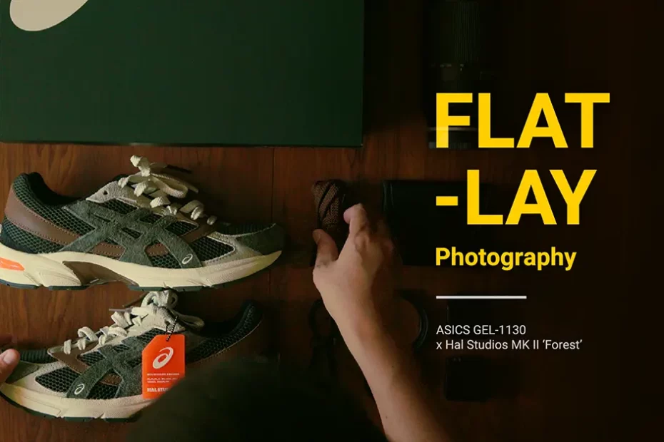 Sneakers Flat lay photography | ASICS GEL-1130 Hal Studios MK II Forest
