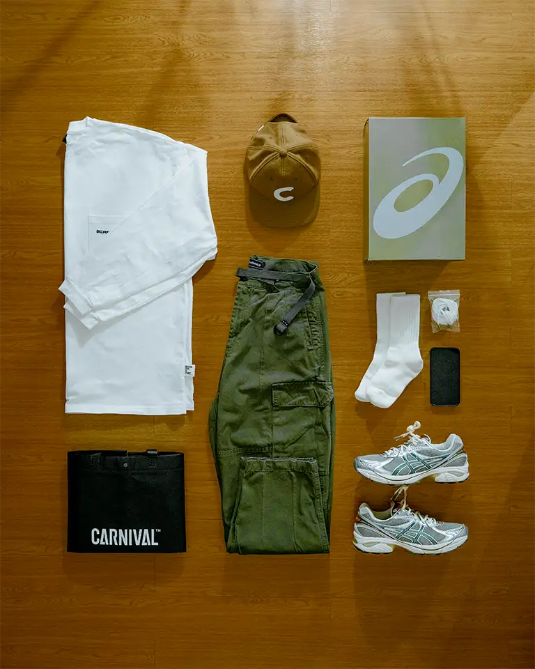 Outfit จับคู่สีกับ ASICS x CARNIVAL GT-2160 'Concrete Bloom'